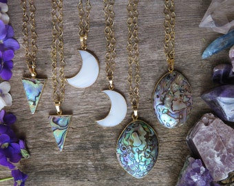 Shell mermaid necklace - long 24 K gold plated chain - moon triangle - Mother of Pearl Abalone - 30&quot; layering witchy jewelry - hippy witch