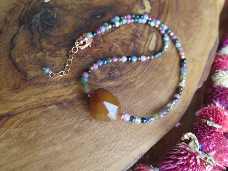 beaded choker Canadian gemstone jewelry Colorful Tourmaline necklace with brown Agate and Copper