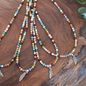 Colorful beaded necklace, Rainbow Gemstone necklace, semi precious stone necklace, silver feather, crystal gemstone jewelry, gift for her image 4