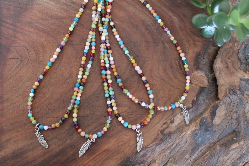 Colorful beaded necklace, Rainbow Gemstone necklace, semi precious stone necklace, silver feather, crystal gemstone jewelry, gift for her image 4