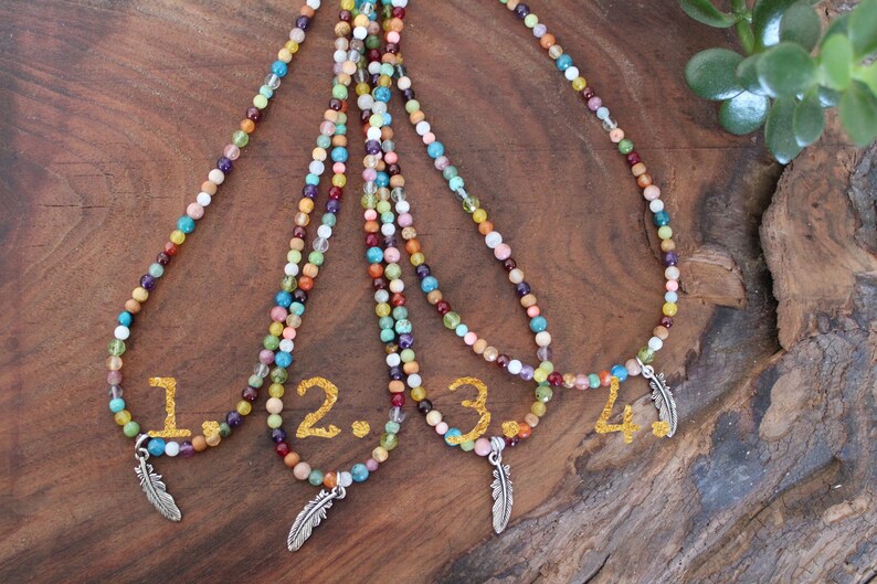 Colorful beaded necklace, Rainbow Gemstone necklace, semi precious stone necklace, silver feather, crystal gemstone jewelry, gift for her image 2