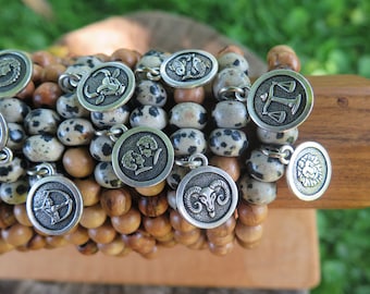 Beaded Zodiac charm bracelet, Natural Gemstone & Lava for essential oil diffusing, silver black brown, neutral stretch, Taurus, Sagittarius