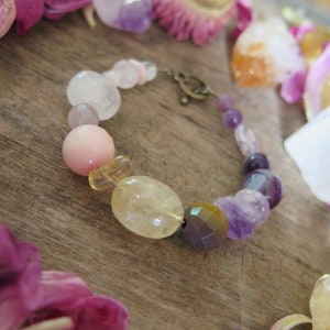 6&quot; Beaded Bracelet - Chunky Colorful Gem Jewelry - Purple Pink Yellow - Boho Eclectic Gemstone Jewelry - Crystal Witchy Vibes - Stone