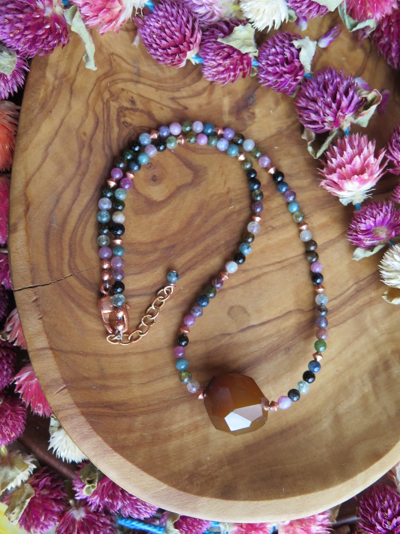 beaded choker Canadian gemstone jewelry Colorful Tourmaline necklace with brown Agate and Copper