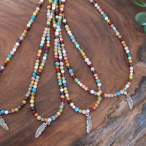 Colorful beaded necklace, Rainbow Gemstone necklace, semi precious stone necklace, silver feather, crystal gemstone jewelry, gift for her image 1