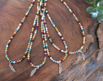 Colorful beaded necklace, Rainbow Gemstone necklace, semi precious stone necklace, silver feather, crystal gemstone jewelry,  gift for her