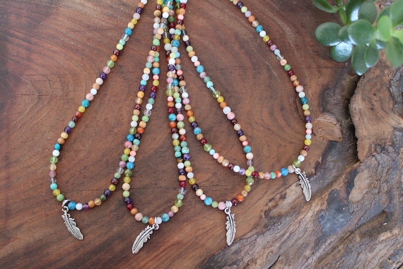 Colorful beaded necklace, Rainbow Gemstone necklace, semi precious stone necklace, silver feather, crystal gemstone jewelry, gift for her image 1