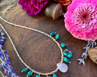 Rose Quartz choker necklace, with Turquoise and Abalone shell, Pink Blue Girly, Seed beads, Beaded gemstone jewelry, witchy gift for her