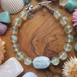 Gemstone Sterling Silver Bracelet, Soft Blue Green, Aquamarine & Prehnite, Gemstone Beaded Boho Peace Flower Charms, Romantic boho Jewels