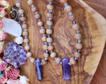 Amethyst and Sandalwood Necklace, Double terminated crystal point, February birthstone, with Fluorite, Witchy Spring Gemstone