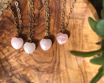 Rose Quartz heart necklace , Gift for Mother’s Day, Pink, gold plated or brass chain , love stone, crystal jewelry