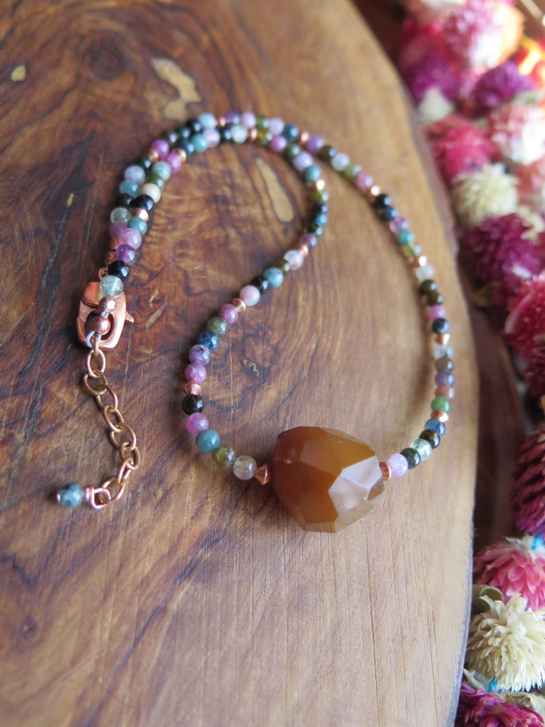 beaded choker Canadian gemstone jewelry Colorful Tourmaline necklace with brown Agate and Copper