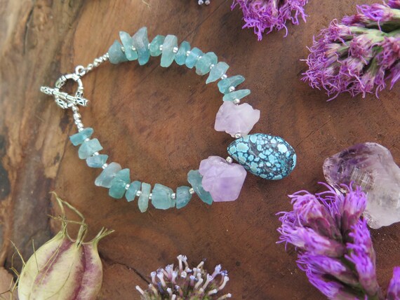 Raw Apatite Amethyst Gemstone Bracelet Turquoise Drop, Sterling