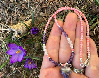 Collier Pendentif Champignon En Argent 925 Avec Pierres Naturelles (améthyste, Quartz) - Bijou Féminin Féerique Et Healing