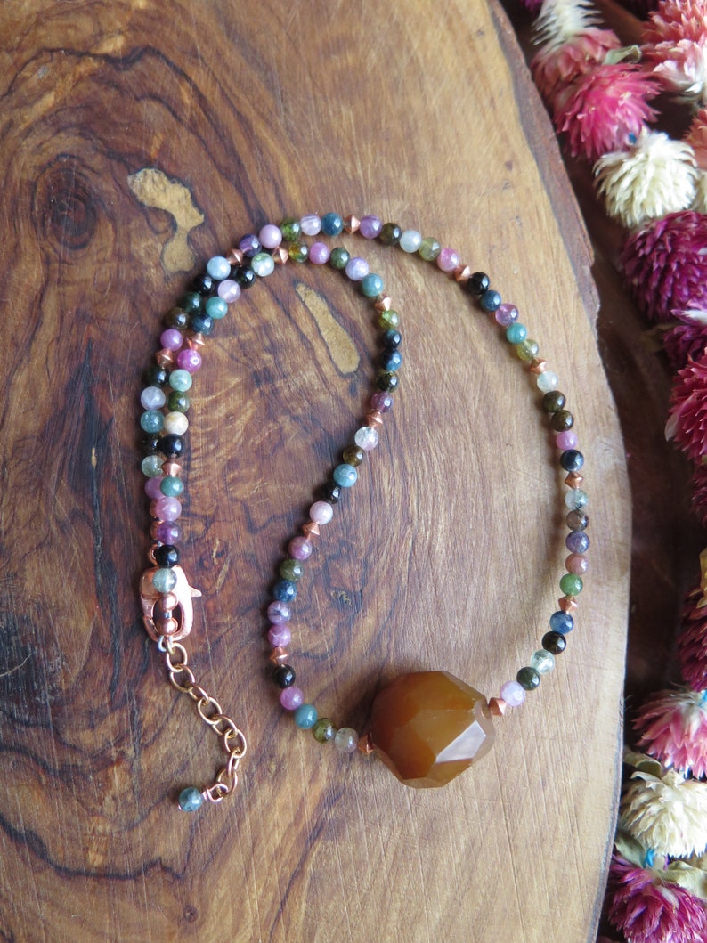 beaded choker Canadian gemstone jewelry Colorful Tourmaline necklace with brown Agate and Copper