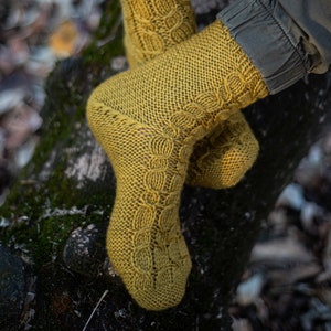 Op de afbeelding: Een paar gele gebreide sokken met een kabelbreipatroon. De sokken worden gedragen aan de voeten van een persoon en rusten op een boomstam.