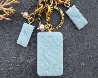 3 Piece Victorian Blue Milkglass Progress Keeper/Stitch Marker Keychain Set (18-k Gold)