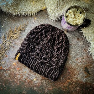 May include: A dark brown knitted beanie with a cable knit pattern. The beanie is made of thick yarn and has a slouchy fit.