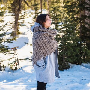 May include: A woman wearing a gray hooded jacket and a brown knitted shawl in a snowy forest setting.