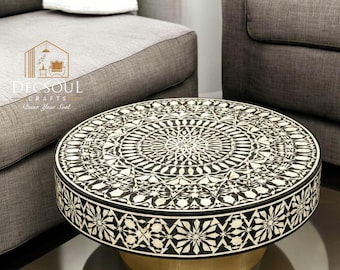 Bone Inlay Round Coffee Table Floral & Geometric Medallion Bone Inlay-Hand Made Home Decor
