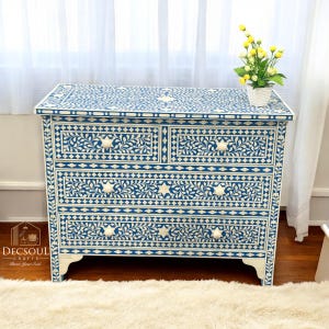 Handmade Bone Inlay Dresser: Blue Geometric Chest of Drawers