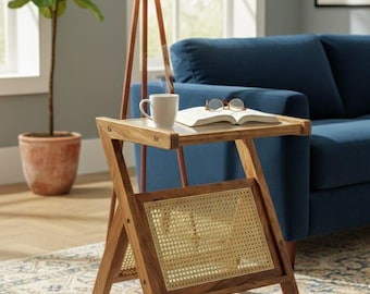 Handmade Cane Side Table with Glass Top | Boho Accent Table.