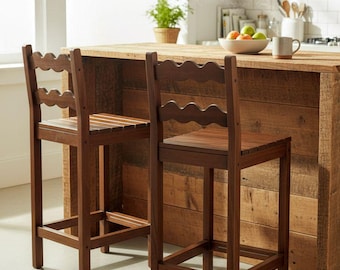 Handmade Wooden Bar Stool | Rustic Kitchen Counter Chair |Solid Wood Wavy Back Dining Stool