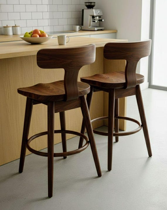 Handmade Walnut Finish Bar Stool | Mid-Century Modern Kitchen Counter Chair.