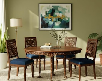 Hand-Carved Round Wood Dining Set | 4-Blue Upholstered Jali Chairs.