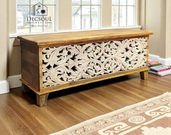 Baúl de madera de mango tallado a mano – Baúl floral indio para mantas / Baúl de almacenamiento estilo bohemio