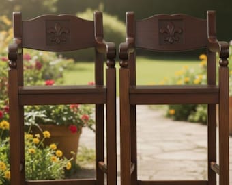 Handcrafted Antique Style Solid Wood Bar Stool Set, Rustic Farmhouse Style