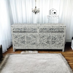 Bone Inlay Cabinet: Handmade Floral 4-Door Boho Sideboard