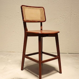 Handcrafted Solid Wood Bar Stools with Woven Cane Back • Mid-Century Modern Counter Stool • Natural Finish Rattan Seat Bar Chair