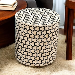 Bone Inlay Drum Side Table: Handmade Black & White Geometric Accent Table