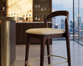 Handmade Modern Walnut Finish Wooden Bar Stool with Backrest Mid-Century Dining Stool.