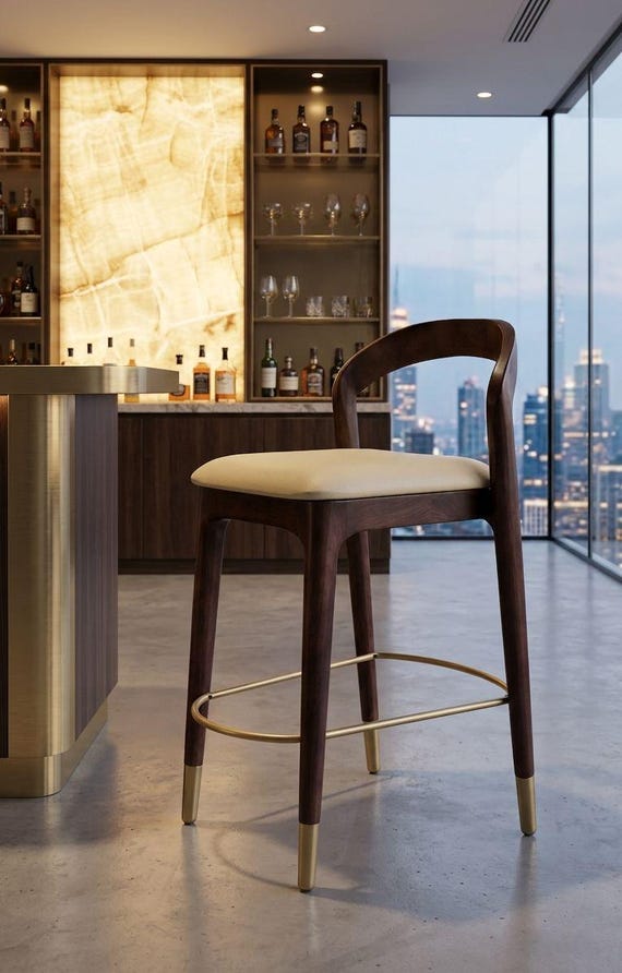 Handmade Modern Walnut Finish Wooden Bar Stool with Backrest Mid-Century Dining Stool.
