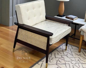 Handmade Mid-Century Cane Lounge Chair: Solid Wood Armchair