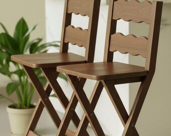 Handmade Folding Wooden Bar Stool | Rustic Wavy Back Chair