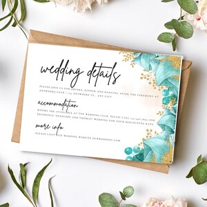 May include: Wedding details card with a teal and gold floral design. The card includes the text "wedding details", "accommodation", and "more info".
