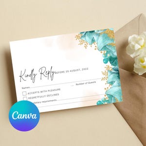 May include: A white RSVP card with a teal and gold floral design. The card has a section for names, a checkbox to accept or decline the invitation, and a space for dietary requirements. The text on the card reads "Kindly Reply Before 25 August, 2022".