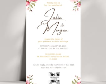 Floral Wedding Invitation Canva Template, Editable Wedding Invitation, Pink Flowers Wedding Invitation, Customizable Wedding Invite Suite