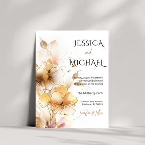 Convite de casamento dourado de outono, casamento caprichoso, design romântico, cartão de convite com tema floral selvagem, casamento memorável, casamento especial