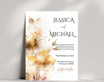 Autumn Golden Wedding Invitation, Whimsical Wedding, Romantic Design, Wild Floral Theme Invitation Card, Memorable Wedding, Special Wedding
