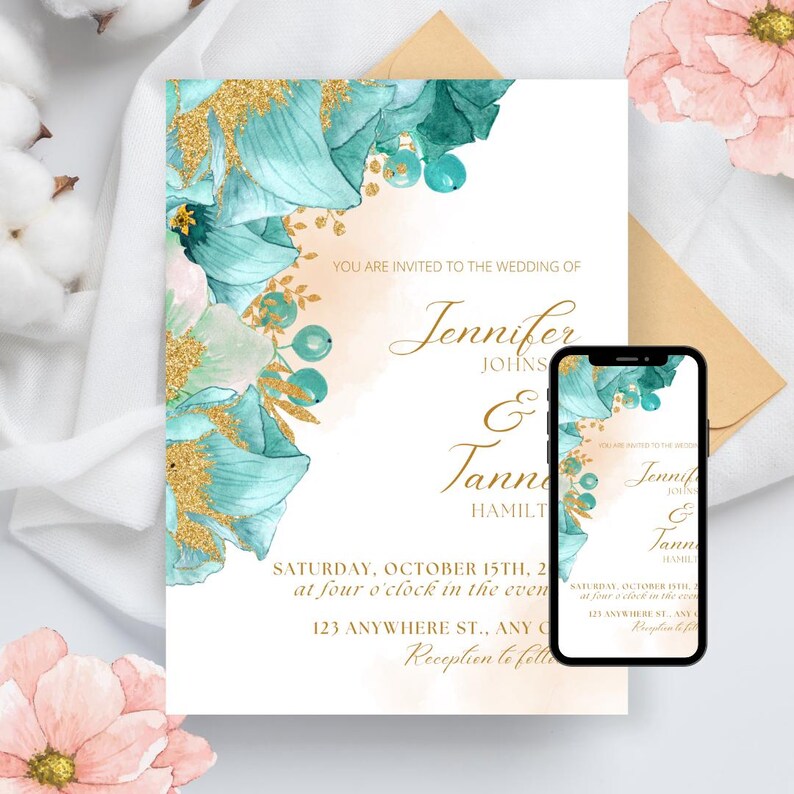 May include: Wedding invitation with a teal and gold floral design. The invitation reads "You are invited to the wedding of Jennifer Johns & Tanner Hamilton. Saturday, October 15th, 2023 at four o'clock in the evening. 123 Anywhere St., Any City. Reception to follow."