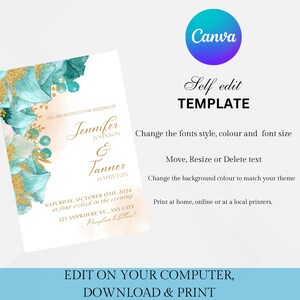 May include: A wedding invitation template with a teal and gold floral design. The text reads "You are invited to the wedding of Jennifer Johnson & Tanner Hamilton. Saturday, October 15th, 2024 at four o'clock in the evening. 123 Anywhere St., Any City. Reception to follow."