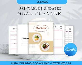 Meal Planner, Food Diary, Daily Weekly Meal Planner, Grocery List, Meal Prep Planner, Menu Planner, Shopping List Printable, Food Journal