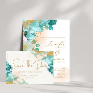 May include: Save the date card with a teal and gold floral design. The text reads "Save The Date" with the names "Jennifer and Tanner" and the date "Saturday, October 13, 2024".