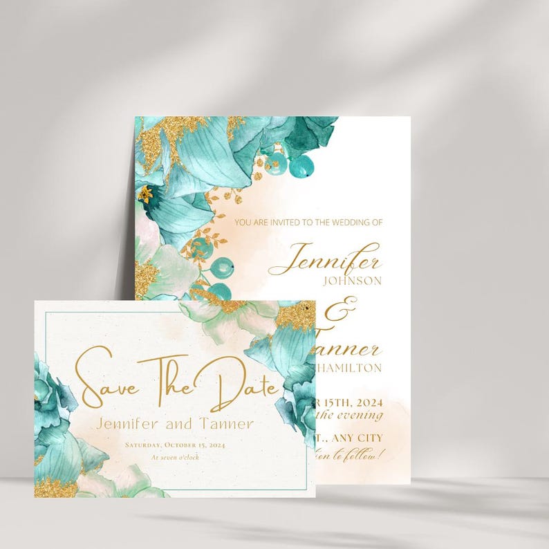 May include: Save the date card with a teal and gold floral design. The text reads "Save The Date" with the names "Jennifer and Tanner" and the date "Saturday, October 13, 2024".