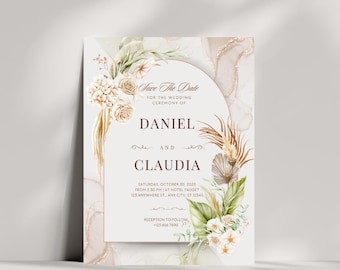 Brown & Cream Flower Watercolor Wedding Invitation, Floral Wedding Invitation, Editable Wedding Invitation Design, Digital Download Template