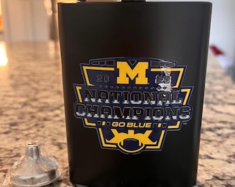 Maize and Blue Pocket Flask with Funnel - College Football Tailgate Flask - 2023 National Champions Classic Style - Ann Arbor Game Day Gift